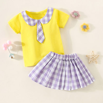 2-piece Toddler Girl Plaid Lapel Patchwork Bowtie Decor T-shirt & Plaid Pleated Skirt