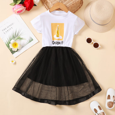 Toddler Girl Color-Block Ice-cream and Letter Printed Mesh Patchwork Short Sleeve Dress