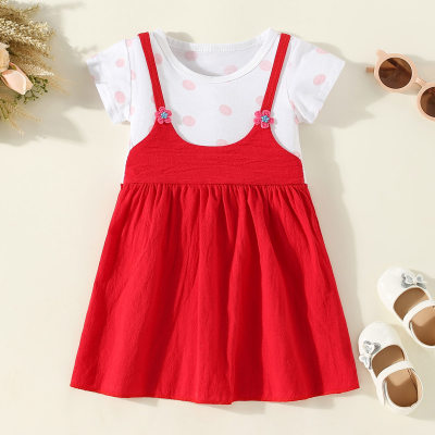 Vestido de manga corta con decoración de flores y lunares de patchwork de bloque de color de algodón puro para niña pequeña