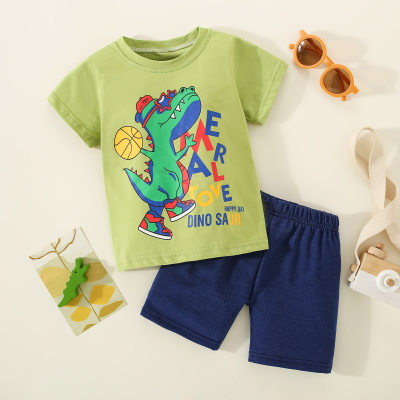 Camiseta estampada de dinossauro e letras de algodão puro para meninos de 2 peças e calça de cor sólida
