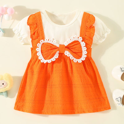 Toddler Girl Pure Cotton Color-block Patchwork Bowknot Decor Short Sleeve Dress