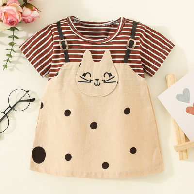 Vestido de manga corta estilo gato de patchwork a rayas con lunares de algodón puro para niña pequeña