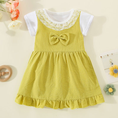 Toddler Girl Color-block Patchwork Lace Spliced Bowknot Decor Short Sleeve Dress