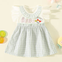 Toddler Girl Pure Cotton Plaid Color-block Patchwork Letter and Fox Pattern Short Sleeve Dress  Green