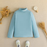 T-shirt a maniche lunghe con collo a lupetto in tinta unita per bambini in puro cotone  Blu