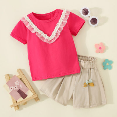 2-piece Toddler Girl Pure Cotton Lace Spliced Short Sleeve T-shirt & Solid Color Bowknot Decor Shorts