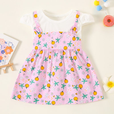 Vestido de manga corta de patchwork con estampado de limones en algodón puro para niña pequeña