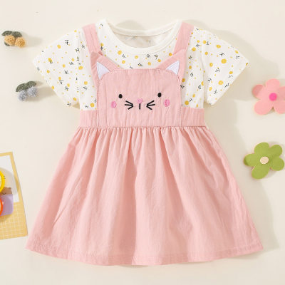 Vestido de manga corta estilo gato de patchwork de bloque de color de algodón puro para niña pequeña