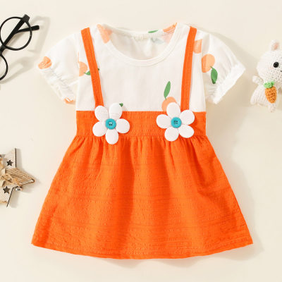 Vestido de manga corta con decoración de flores en 3D de retazos de bloque de color de algodón puro para niña pequeña