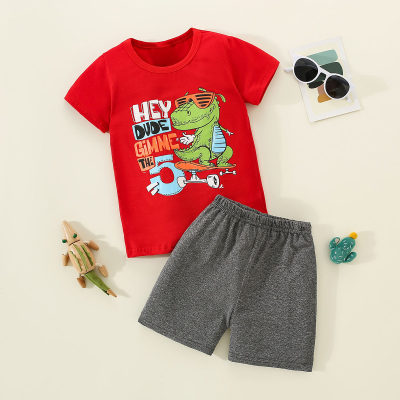 Camiseta estampada de dinossauro e letras de algodão puro para meninos de 2 peças e calça de cor sólida