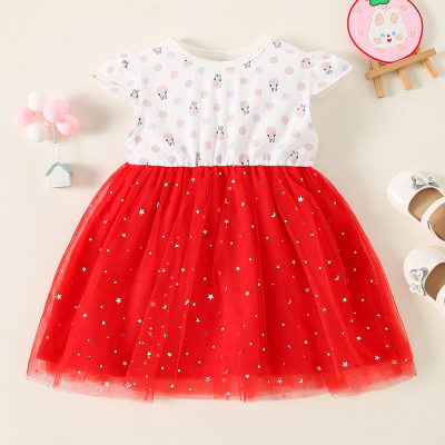 Toddler Girl Cartoon Pattern Mesh Star Patchwork Short Sleeve Dress