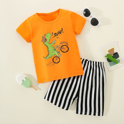 Camiseta de 2 piezas de algodón puro para niños pequeños con estampado de letras y dinosaurios y pantalones a rayas