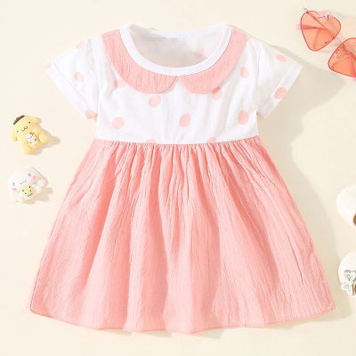 Vestido de manga corta con lunares de patchwork de bloque de color de algodón puro para niña pequeña