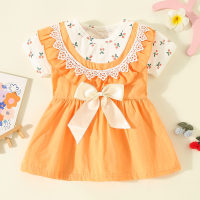 Toddler Girl Pure Cotton Cherry Pattern Color-block Patchwork Bowknot Decor Short Sleeve Dress  Orange
