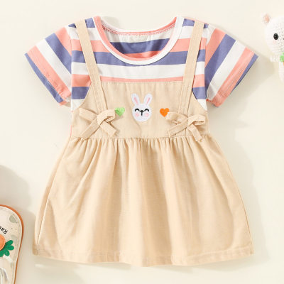 Toddler Girl Pure Cotton Striped Patchwork Rabbit and Heart Pattern Short Sleeve Dress