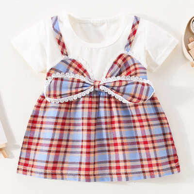 Toddler Girl Pure Cotton Plaid Color-block Patchwork Bowknot Decor Short Sleeve Dress