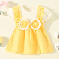 Vestido de manga curta com bloco de cores em patchwork de algodão puro para menina e decoração de laço  Amarelo