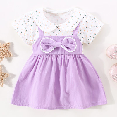 Vestido de manga corta con decoración de lazo y patchwork floral de bloque de color de algodón puro para niña pequeña