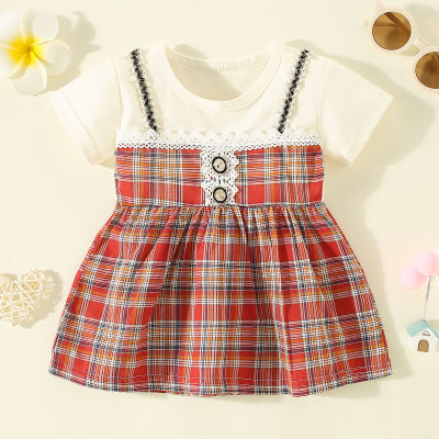 Vestido de manga corta con botones delanteros de retazos a cuadros de algodón puro para niñas pequeñas