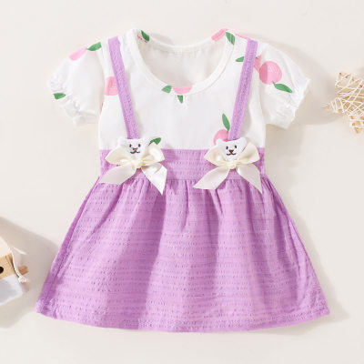 Vestido de manga corta con decoración de lazo de oso 3D de retazos de bloque de color de algodón puro para niña pequeña