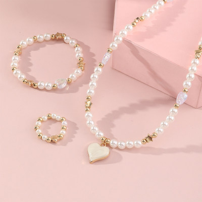 3 Pcs White Peach Heart Pearl Necklace Bracelet Ring Jewelry Set