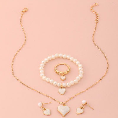 Kid Girl 4piece Sweet Pearls Heart Shape Jewelry set