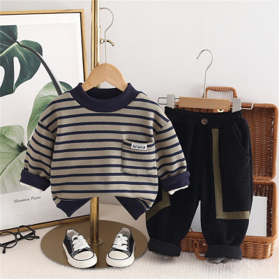 2-Piece Toddler Boy Striped Casual Winter Thicken Top & Pants