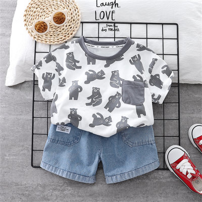 2-piece Toddler Boy Pure Cotton Allover Bear Printed Short Sleeve T-shirt & Solid Color Denim Shorts