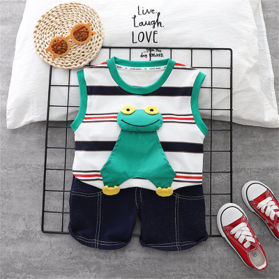 2-piece Toddler Boy Striped Frog Decor Vest & Denim Shorts