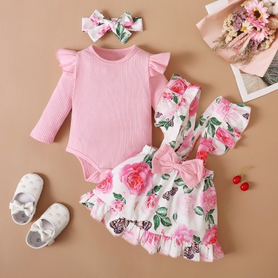 3-piece Baby Girl 100% Cotton Solid Color Ribbed Long Fly Sleeve Romper & Floral Bowknot Decor Suspender Dress & Floral Bowknot Headwrap