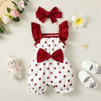 2-piece Baby Girl Pure Cotton Polka Dotted Patchwork Bowknot Decor Sleeveless Boxer Romper & Bowknot Headwrap