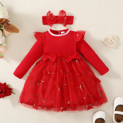 Baby Girl 2 Pieces Solid Color Bow-knot Decor Long Sleeve Floral Mesh Dress & Headband
