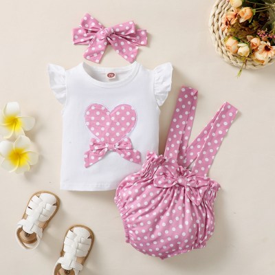 Baby Girl Cute Heart-shaped Appliqué Top And  Polka dot Overalls Shorts  with Headband