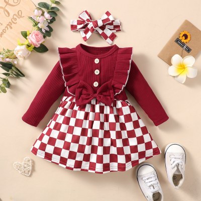 Baby Girl Ruffled Plaid Patchwork Bowknot Decor Button Front Long Sleeve Dress
