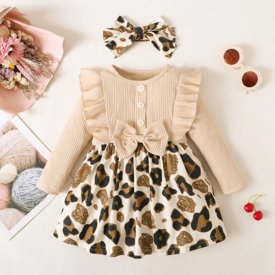 2-piece Baby Girl 100% Cotton Ribbed Ruffled Leopard Print Patchwork Bowknot Decor Button Front Long-sleeved Long-leg Romper & Leopard Print Headwrap