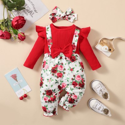 2-piece Baby Girl 100% Cotton Ribbed Floral Patchwork Bowknot Decor Long Fly Sleeve Long-leg Romper & Floral Bowknot Headwrap