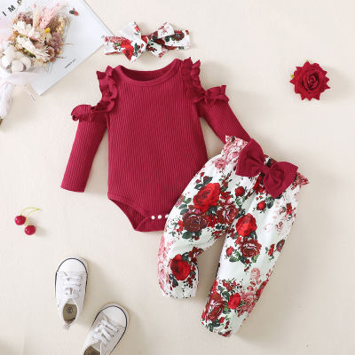 Bebé niña 3 piezas Body de color sólido y pantalones con estampado floral y diadema