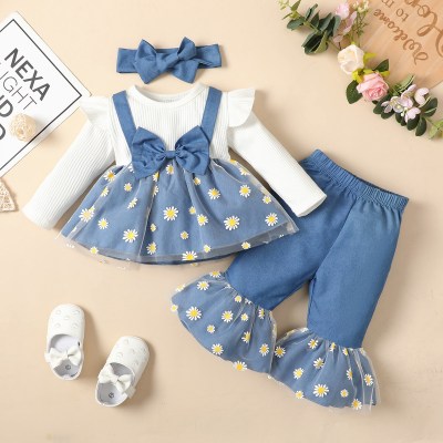 3-piece Baby Girl Pure Cotton Floral Pattern Denim Mesh Patchwork Bowknot Decor Long Fly Sleeve Top & Floral Mesh Patchwork Flare Denim Pants & Bowknot Headwrap