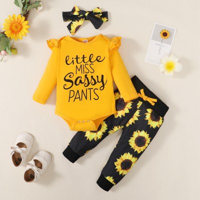 Body de 3 piezas con estampado de letras y pantalones florales y diadema para bebé niña