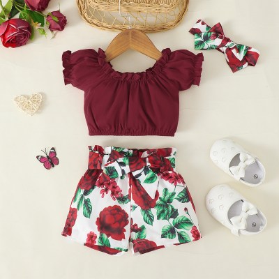 Baby Girl Solid Color Ruffle-sleeve Top & Laced Floral Shorts With Headband