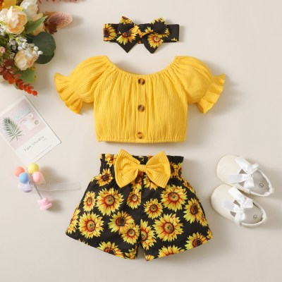 3-piece Baby Girl Solid Color Slash Neck Short Sleeve Blouse & Bowknot Decor Floral Shorts & Headwrap