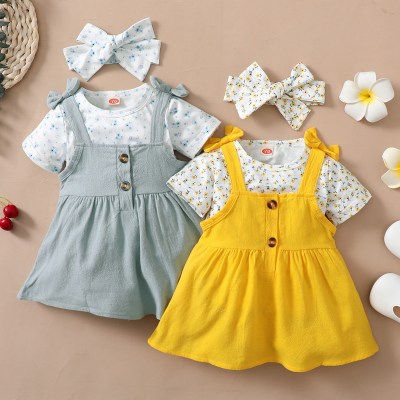 Baby Girl Floral Print Top And Solid Skirt with Headband
