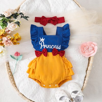 Baby Girl Pure Cotton Color-block Patchwork Letter Printed Bowknot Decor Sleeveless Romper