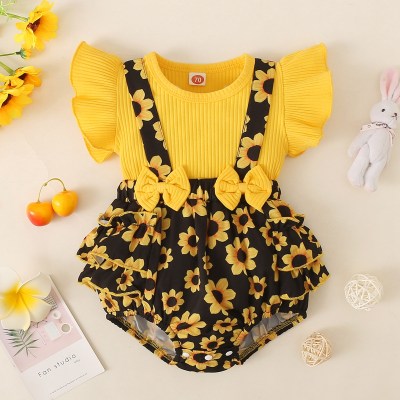 Baby Girl Elegant Bowknot Decor Patchwork Sunflower Print Ruffle-sleeve Bodysuit