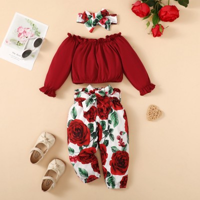 Ensemble 3 pièces pour bébé fille, t-shirt de couleur unie, pantalon et bandeau à motif floral