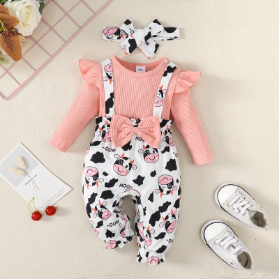 Baby Girl 2 Pieces Cattle Pattern Bow-knot Decor Long-sleeved Long-leg Jumpsuit