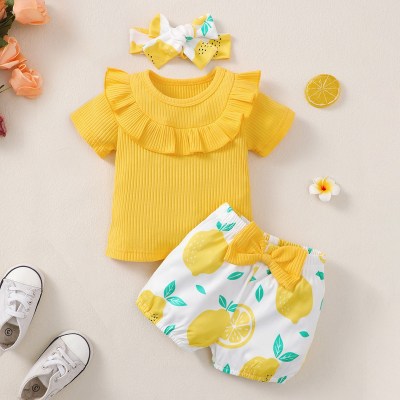 3-piece Baby Girl Pure Cotton Solid Color Ribbed Patchwork Short Sleeve T-shirt & Allover Lemon Printed Shorts & Headwrap