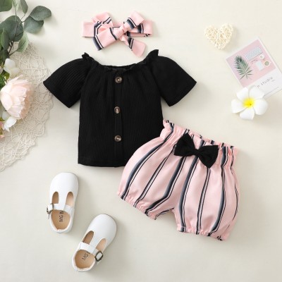 Baby Girl Pit Strip Fabric  Top And Stripe Shorts with Headband
