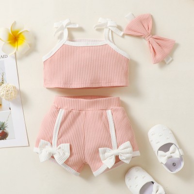 Baby Girl Solid Colour Sling Top And Bowknot Shorts with Headband