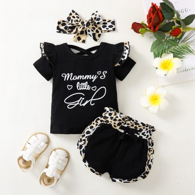 Baby Girl Casual Letter Print Top And  Color-block Leopard Shorts  with Headband